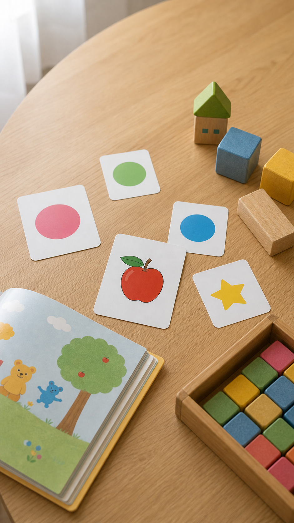 英語カード、絵本、木のおもちゃが並ぶテーブル